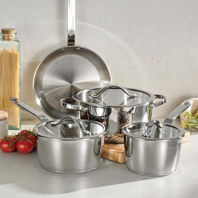 Tramontina Tempo Tri-Ply Base Stainless Steel 7-Piece Cookware Set with Glass Lids Pots and Pans Kitchen Set Induction-Ready Oven-Safe Dishwasher-Safe