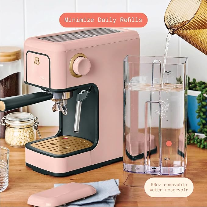 B Slim Espresso Maker by Drew Barrymoree with 20-Bar Pressure Touch-Activated Display and Steam Wand for Latte &amp Cappuccino (Rose)