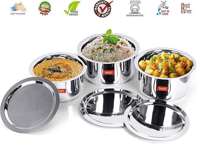 Sumeet Stainless Steel Tope Set 3.5 4 5 Liter 3 Piece (Steel Mirror Finish)