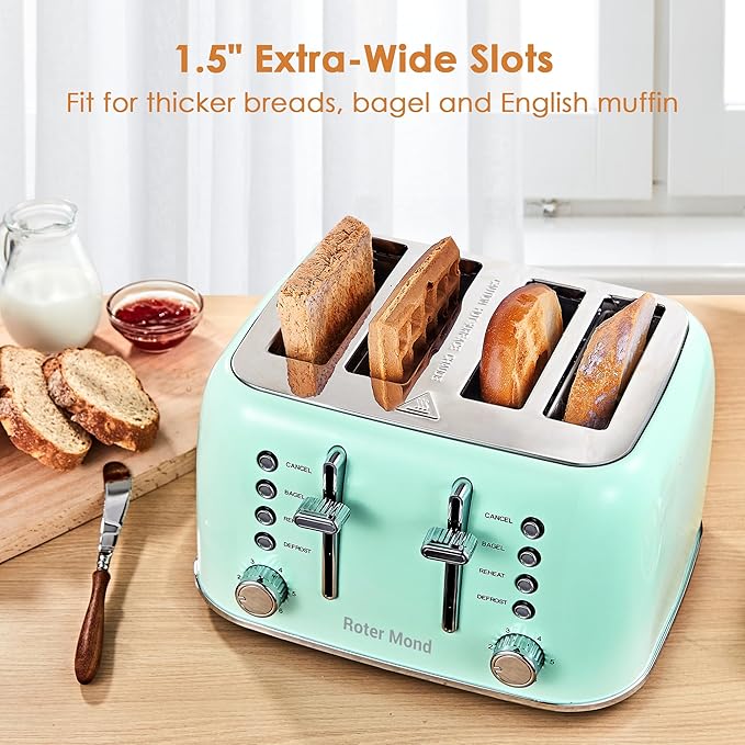 Roter Mond Toaster 4 Slice Retro Stainless Steel with Extra Wide Slots Bagel Defrost Reheat Function Dual Independent Control Panel Removable Crumb Tray 6 Browning Levels Aqua Green