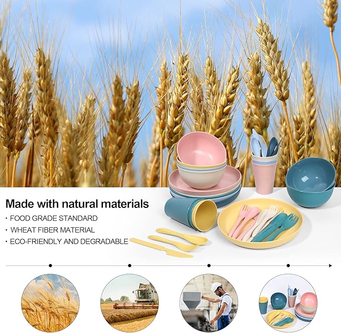 Wheat Straw Dinnerware Sets -DAPIPIK 36 Piece Unbreakable Dinnerware Sets for 6 Wheat Straw Plates and Bowls Set Lightweight Camping Plates Cups and Bowls Set.Dishwasher Microwave Safe Dinnerware