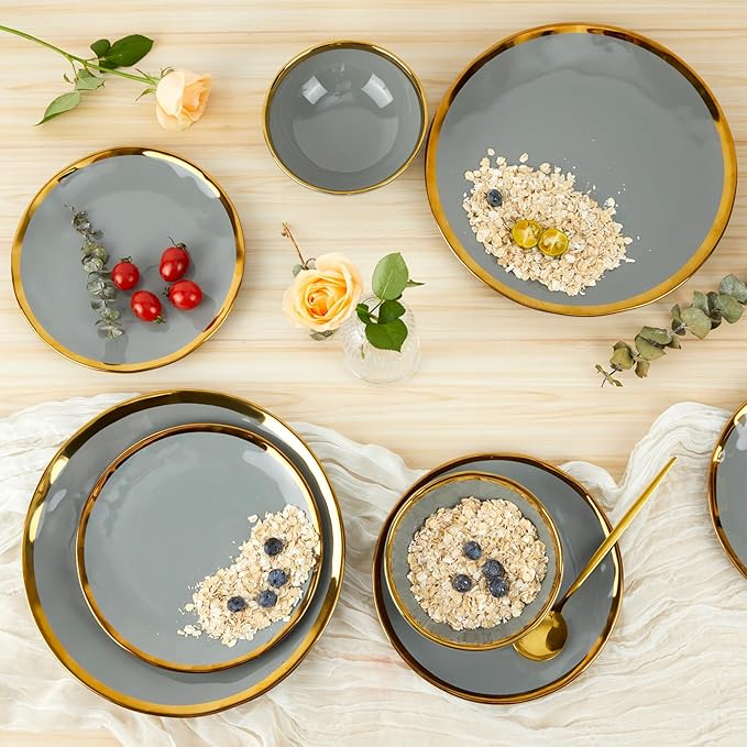 Porcelain Luxury Dinnerware Sets Modern Plates and Bowls Sets for 4 Highly Chip and Crack Resistant Grey and Gold Rim China Dishes Set for Wedding Anniversary