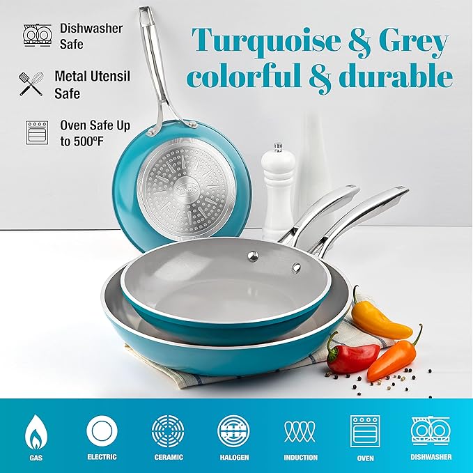 Gotham Steel 3 Piece Nonstick Ceramic Fry Pans Set 8' 10' &amp 12' Nonstick Skillet Set Omelet Pan PFOA Free Dishwasher Safe Cool Touch Handle - Turquoise Blue