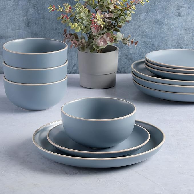 Gibson Home Rockaway 12-Piece Round Stoneware Dinnerware Set Service for 4 – Blue Plates and Bowls Microwave &amp Dishwasher Safe