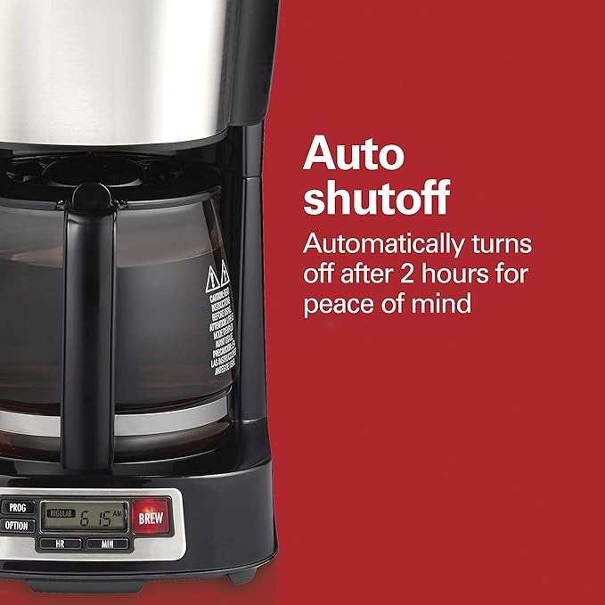 Hamilton Beach 5 Cup Drip Coffee Maker with Easy FrontFill Basket Compact Design Programmable Clock Glass Carafe Auto Pause and Pour Black &amp Stainless Steel (46111)