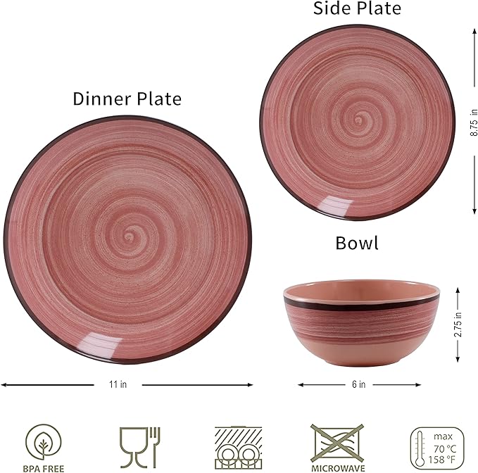 12Pcs Melamine Dinnerware Set Plates And Bowls Sets for 4 Pink Color Dinnerware Sets Melamine Plates Bowls Indoor and Outdoor Use Dish Set Dishwasher Safe BPA Free(Pink)