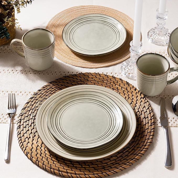 Famiware Plates and Bowls Sets 24-Piece Stoneware Dinnerware Sets Dishes Set for 8 Hand-made Reactive Glaze Dish Set Twilight Series Terre-verte