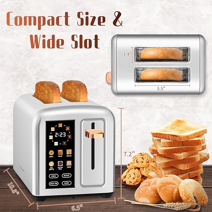 SEEDEEM Toaster 2 Slice with Touch Screen Faster Heating Speed 7 Shade Setting 6 Bread Type 1.5”Wide Slots Toaster Removable Crumb Tray 1350W Silver Metallic