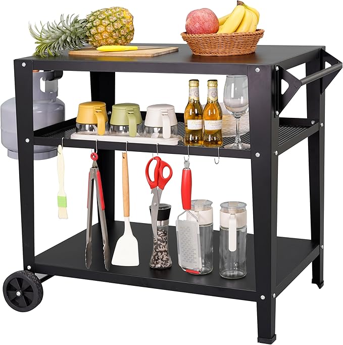Black Outdoor Grill Cart with Wheels Heavy-Duty 3-Tier BBQ Prep Table for Pizza Oven Griddle Patio – Rustproof Commercial Kitchen Cart with Tool Hooks