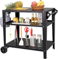 Black Outdoor Grill Cart with Wheels Heavy-Duty 3-Tier BBQ Prep Table for Pizza Oven Griddle Patio – Rustproof Commercial Kitchen Cart with Tool Hooks
