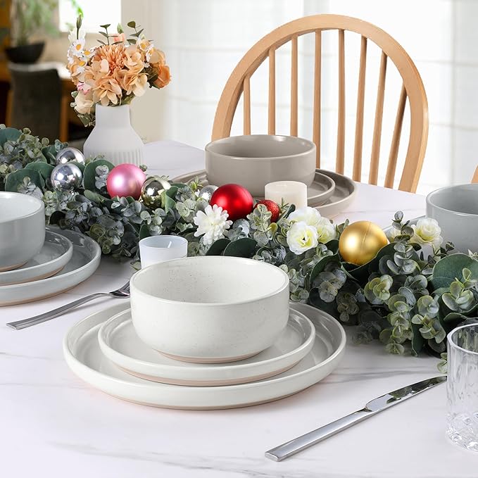 LIANYU 24 Pieces Dinnerware Sets with Pasta Bowls for 6 Stoneware Plates and Bowls Dish Set Ceramic Dinner Set for Salad Cereal Dinner Microwave &amp Dishwasher Safe Three-color