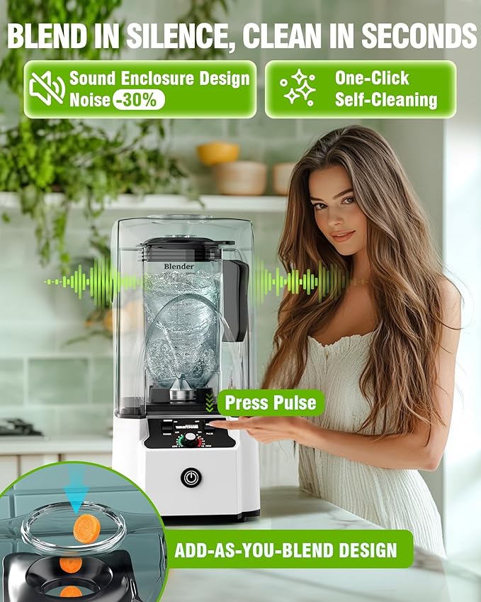 WantJoin Quiet Blender - Kitchen Blender with Soundproof 2.5 HP Copper Motor 80oz Jar Multifunctional Silent Blenders for Smoothies Juice Soups Sauce w/ 15 Speeds Stainless Steel 6-blade Combo