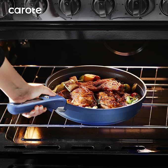 CAROTE 8Pcs Non Stick Frying Pans Set 3 Sizes(81012 Inch) Kitchen Nonstick Skillets with Detachable Handle Cooking Pan with lid Oven Safe Induction Cookware Stackable Kitchen Set Blue