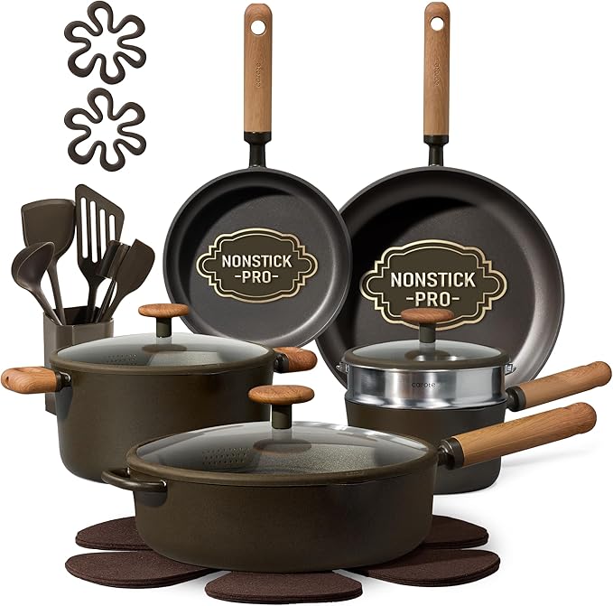 CAROTE Pots and Pans Set Non Stick 21PCS Cookware Set with Strainer Lid Induction Cooking Set with Kitchen Utensils Dark Green