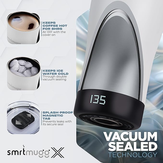 X Heated Coffee Mug 19 oz. 8 Hour Battery Life Self-Heating Adjustable Temp Controlled LCD Screen Includes Cover with Magnetic Slider (Black) (White)