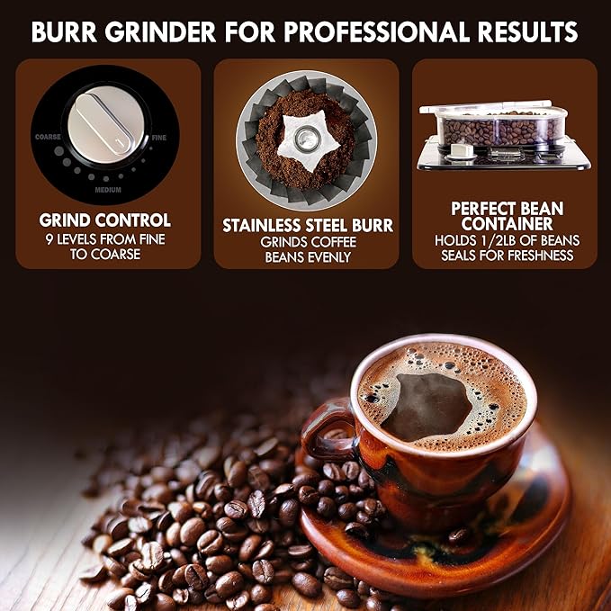 Kenmore Elite Grind and Brew Coffee Maker with Built‑In Burr Grinder Automatic Drip Machine 12‑Cup Programmable Brewer Bean‑to‑Cup Cafetera Stainless Steel Coffee Maker for Home &amp Office