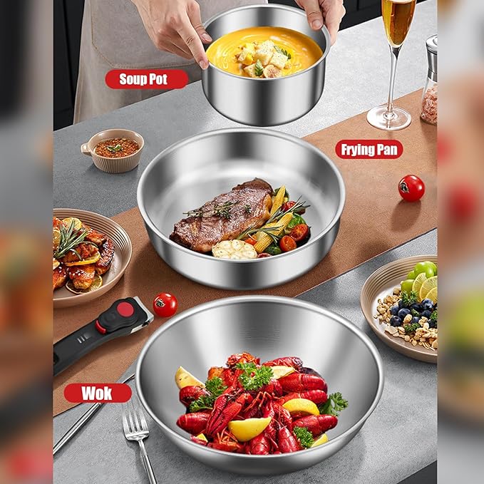 Stainless Steel Cookware Set 6pcs Wok Pots and Pans Set Non Stick with Detachable Handle Induction Cookware Set Kitchen Cooking Sets RV/Camping Cookware Dishwasher &amp Oven Safe6pcs