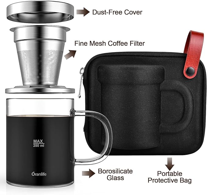 Pour Over Coffee Maker Set for Travel/Camping/Hiking Single Cup Stainless Steel Coffee Filter 14 Oz Borosilicate Glass Mug Extra Permanent Lid and Moulded Neoprene Case at Home/Office