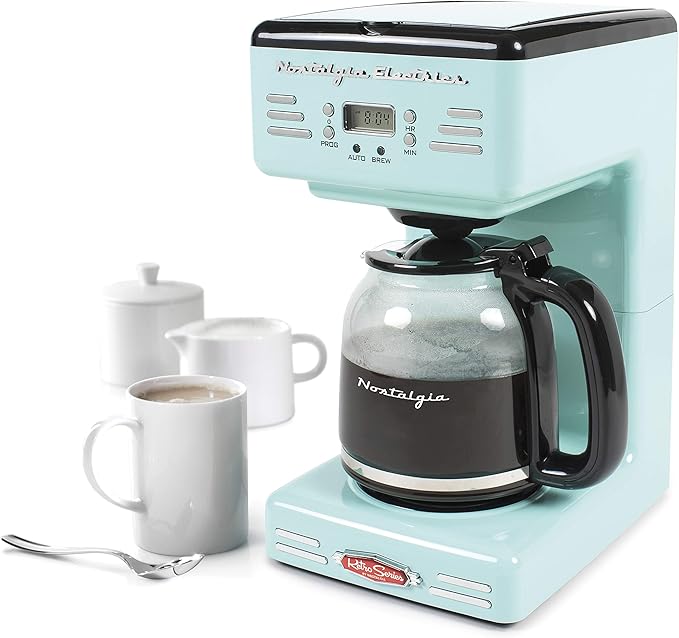 Nostalgia Retro 12-Cup Programmable Coffee Maker + Wide 2-Slice Toaster Vintage Design
