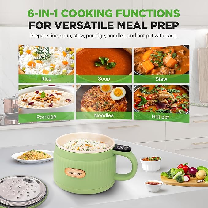 NutriChef 1.6 QT Portable Electric Rice Cooker &amp Lunch Maker | Multi-Functional &amp Non-Stick Ceramic Coating | Digital Control Panel | 6 Cook Functions: Rice Soup Stew Porridge &amp More |