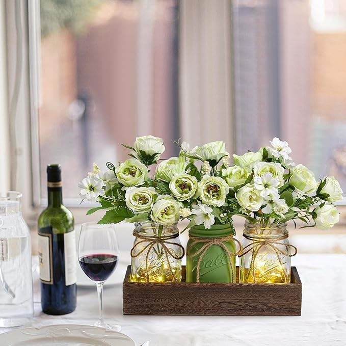 3 Pcs Mason Jar Centerpiece Table Decorations for Dining Farmhouse Coffee Table Decor with Wood Tray and Led Light Table Centerpieces for Dining room Kitchen Living BathroomGreen