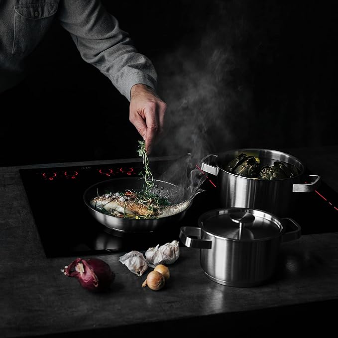 AEG 3pc (S) Pans Saucepans Set - Stainless Steel 24cm Frying Pan 16cm &amp 20cm Saucepans Induction Compatible