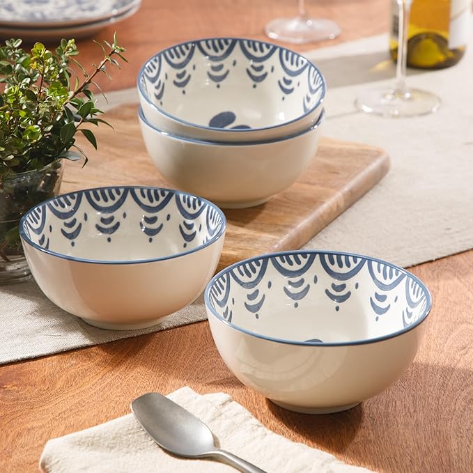 Bloomhouse - 2-Time Oprah’s Favorite Things - Valencia Flor 4 Piece 6” Cereal Bowl Set Stoneware Bowls Mediterranean Floral Decal Design Microwave &amp Dishwasher Safe Iris Blue