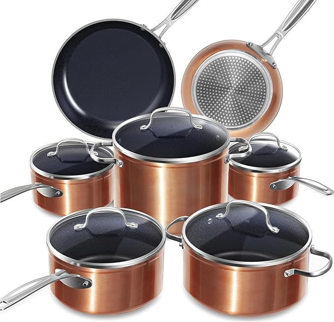 Nuwave 12 Piece Cookware Set - Duralon Blue Ceramic Non-Stick Frying Pans Saucepans Deep Sauté Pan Induction Compatible PFAS Free With Lids