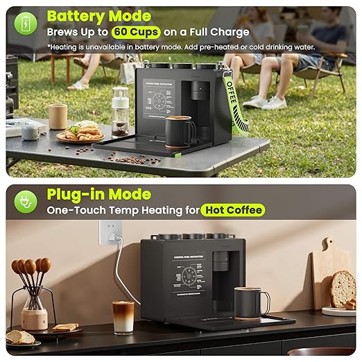 CANDY Portable Espresso Machine with Strap 3 in 1 Coffee Maker One-Touch Operation Rechargeable Cold Brew Up to 60 Cups for Ground Ideal for Camping RV &amp Outdoor Home Heating in Plug-in Mo