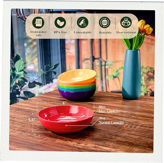 Multicolor Melamine Dinnerware Bundle - Divided Sets: 6 x 11-inch Plates 6 x 7-inch Bowls 6 x 8-inch Bowls