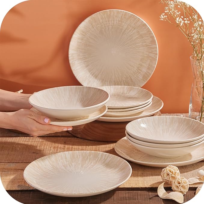 Corona 12-Piece Light Sandy Beige Ceramic Dinnerware Sets Plates and Bowls Service For 4 Nyssa