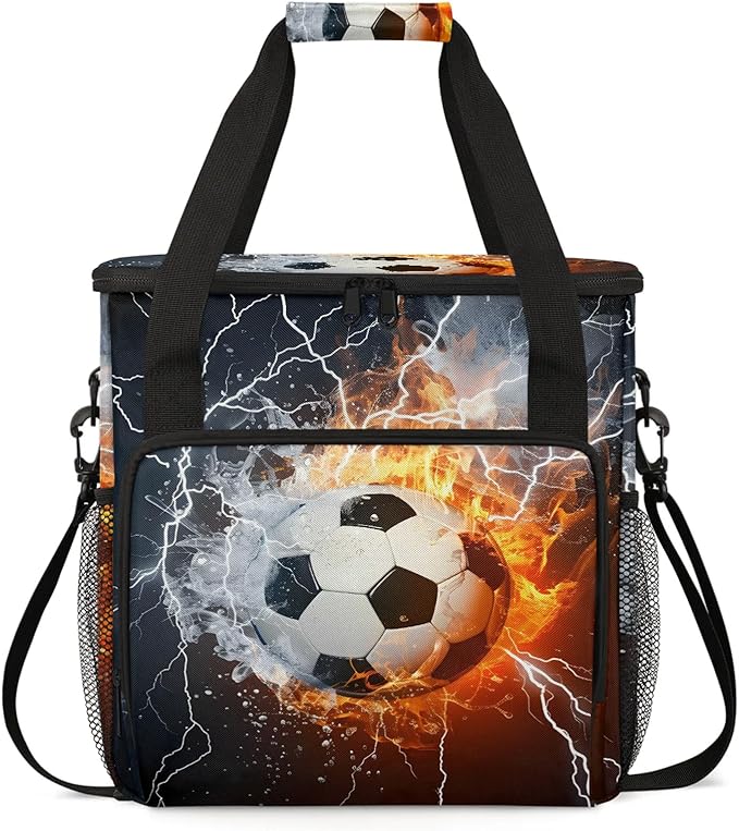 Soccer Ball Fire And Water Travel Coffee Maker Carrying Bag Large Organizer Storage Tote Bag Insulated Reusable Cooler Grocery Bags