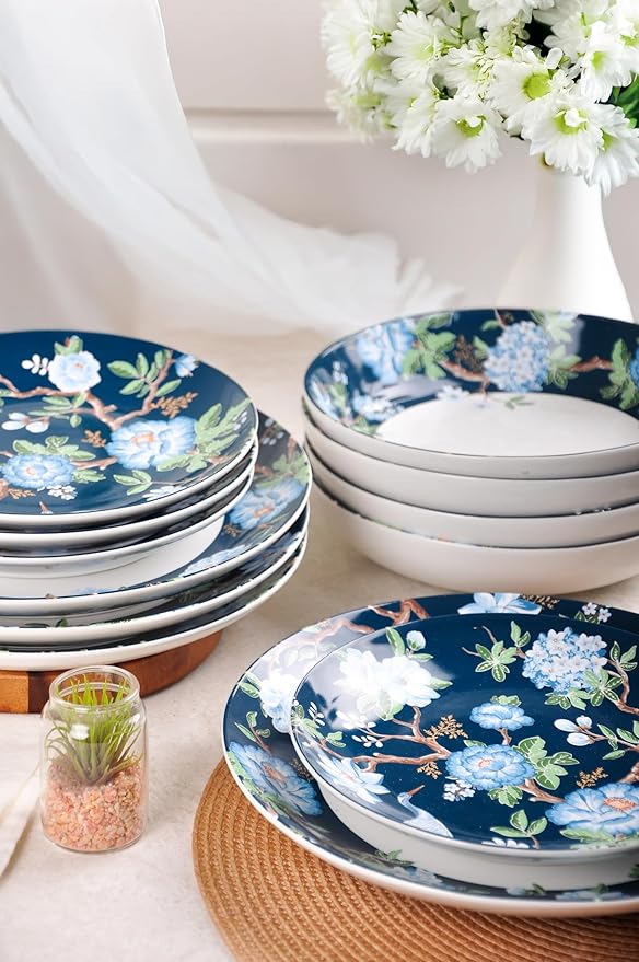222 Fifth 12-Piece Porcelain Dinnerware Set for 4 Luxury White &amp Bohemian Blue Plates and Bowls Set Glossy Ceramic Dish Set with Detailed Floral Microwave &amp Dishwasher Safe Dishes Nighting