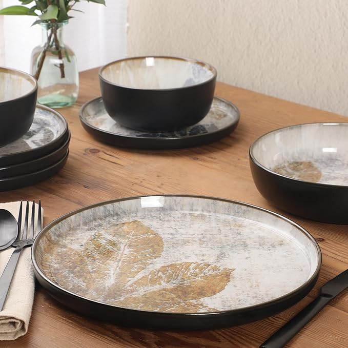 Gibson Elite Chantilly Hill 16-Piece Porcelain Dinnerware Set Round Plates &amp Bowls Multicolor Leaf Design Microwave &amp Dishwasher Safe Service for 4