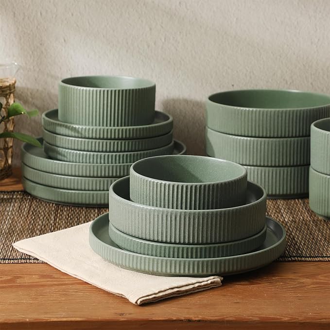 Gibson Elite Deerfield 16-Piece Stoneware Dinnerware Set – Matte Green Stackable Plates and Bowls Reactive Glaze Finish Service for 4 – Microwave &amp Dishwasher Safe