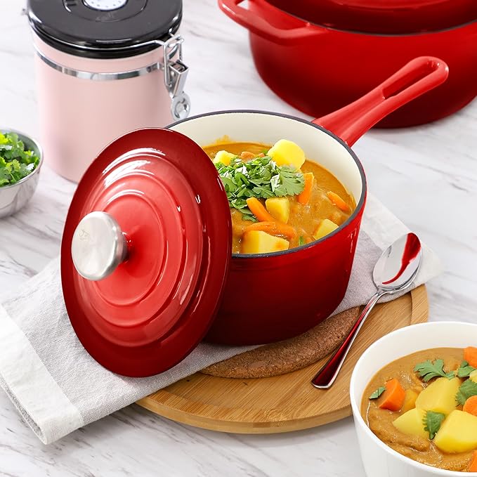 MegaChef 7 Piece Enameled Cast Iron Cookware Set in Red