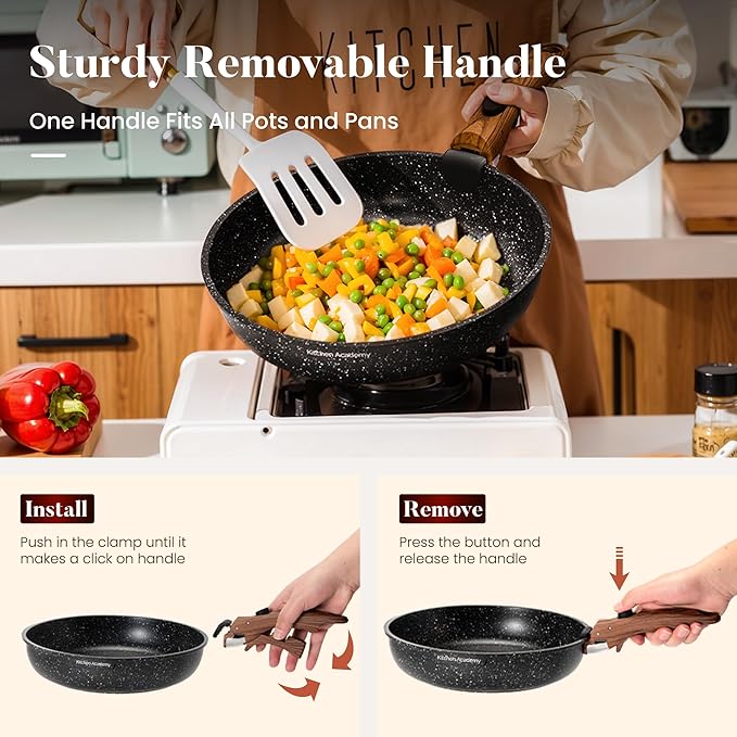 Kitchen Academy Removable Handle Induction Pots and Pans Set - 10 Piece Non-stick Cookware Sets Black Granite Stackable RV Cookware for Camp
