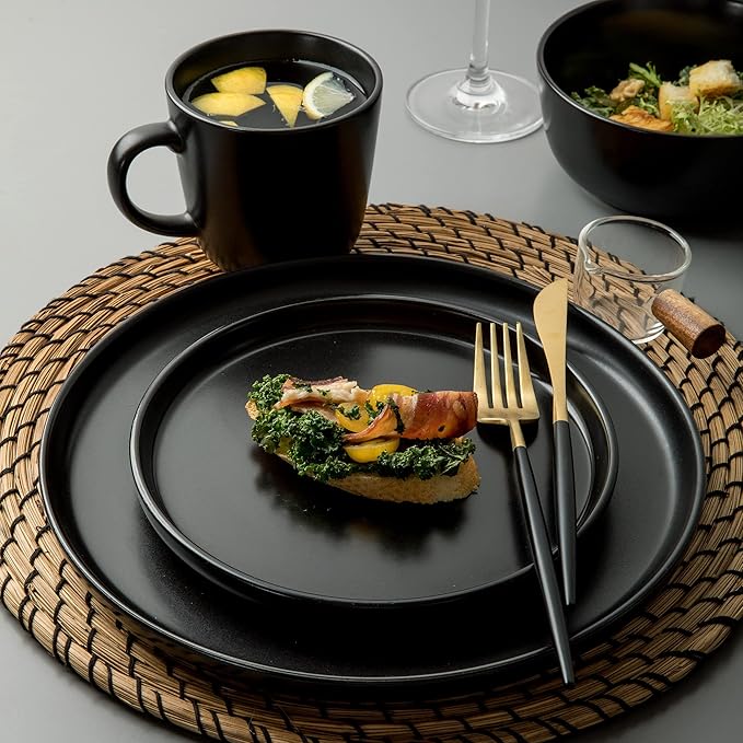 SKUGGA Round Stoneware 16pc Double Bowl Dinnerware Set for 4 Dinner Plates Side Plates Cereal Bowls Pasta Bowls - Matte Black (467586)