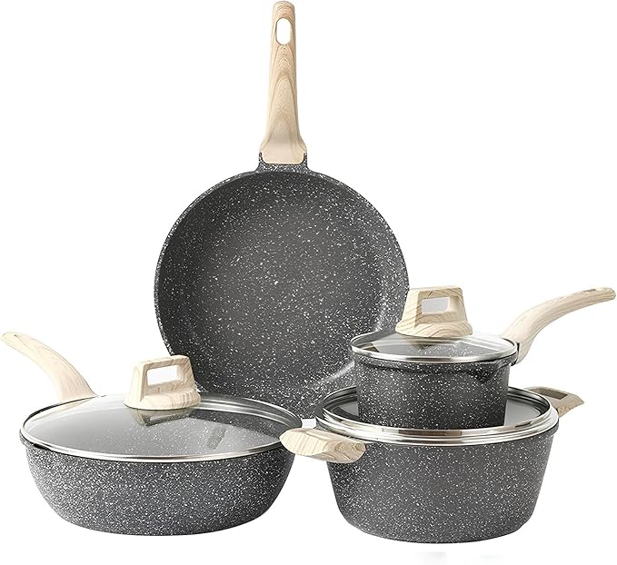 Black Kitchen Cookware Sets 7 Piece Nonstick Pots and Pans Set Granite Cooking Set for Induction &amp Dishwasher Safe Oven Stovetop PFAS and PFOA Free