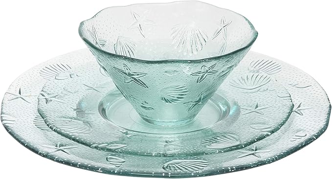 French Home Recycled Glass Coastal Dinnerware Set – 12-Piece Clear Glass Plates and Bowls Set – Includes Durable and Elegant Dinner Plates Salad Plates and Bowls