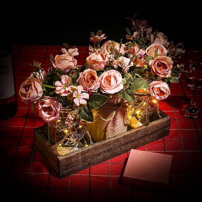 3 Pcs Mason Jar Centerpiece Table Decorations for Dining Table Decor Farmhouse Coffee Table Decor with Wood Tray and Led Light Table Centerpieces for Dining Room Kitchen Living BathroomPink