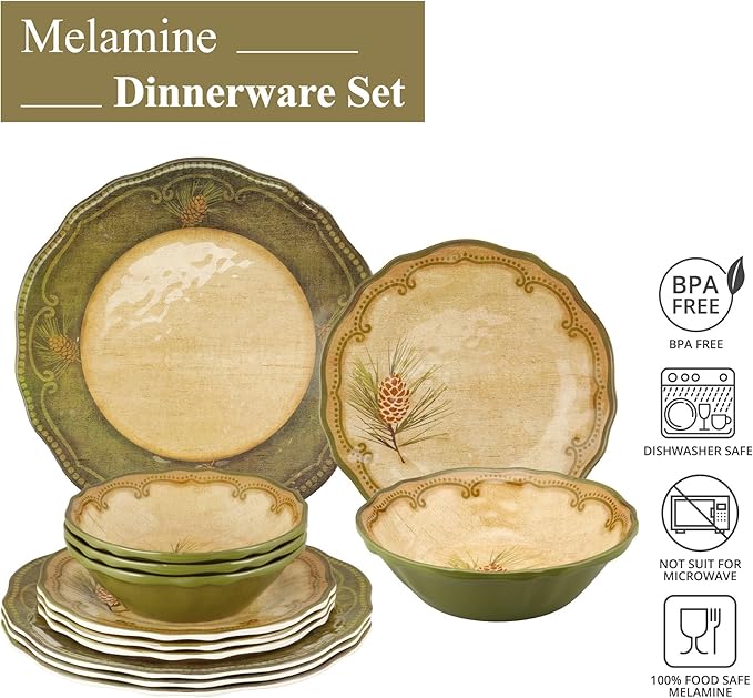 UPware 12 Piece Woodland Pinecone Melamine Dinnerware Sets Outdoor Dishes Set Plates and Bowls Sets Service for 4 Dark Green