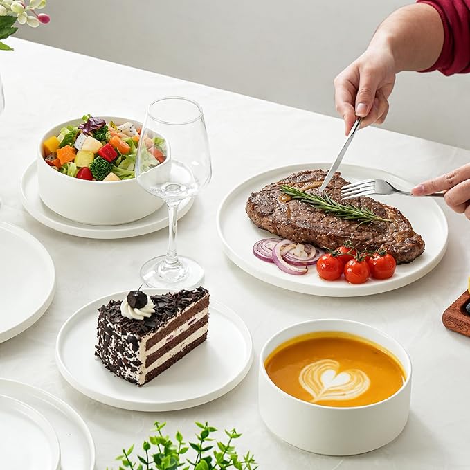 Plates and Bowls Sets 12 Piece Ceramic Dinnerware Set for Family and Gatherings Dishes Set for 4 Dishwasher &amp Microwave Safe Handcrafted Stoneware Sets Modern White