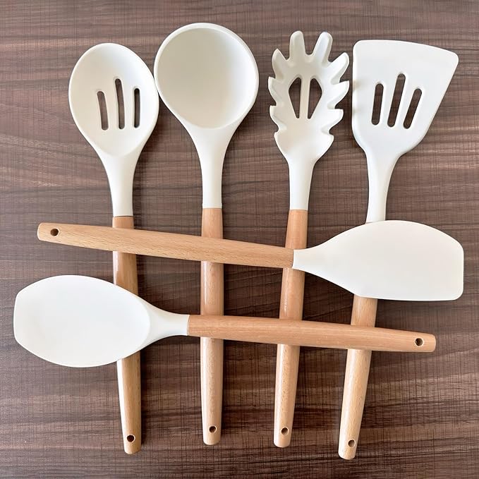 Kitchen Cooking Utensils Set 6Pcs Non-Stick Silicone Kitchen Utensils Spatula Spoon Turner Ladle Pasta Server Heat Resistant Wooden Handle Silicone Cooking Gadgets Sets for Cookware &amp Baking
