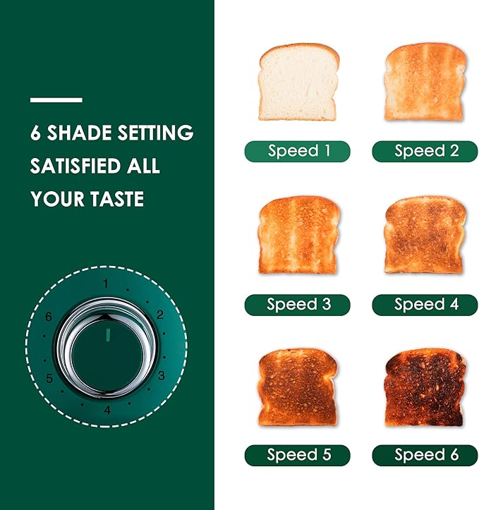Roter Mond 4 Slice Toaster Retro Stainless Steel with Bagel Defrost Cancel Function 6 Browning Settings Extre Wide Slot and Removable Crumb Tray Green ST033