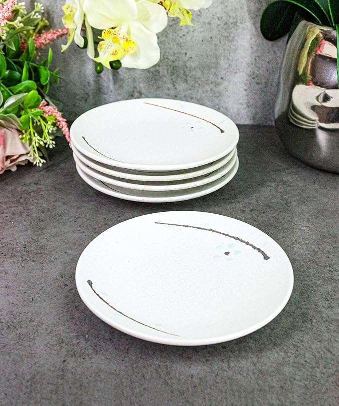 Ebros Gift Modern Yukino Hana Snow Flowers Ceramic Dinnerware Serveware Kitchenware Set Oriental Asian Restaurant Supply (Pack Of 5 Round Appetizer Salad Plates 6D)