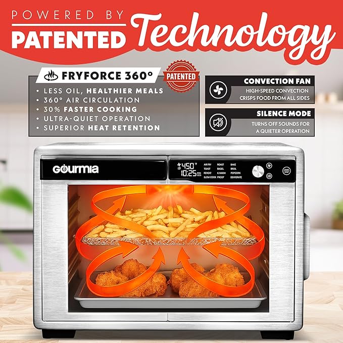 Gourmia French Door Air Fryer Oven - 37 Qt Large Capacity Convection Toaster Oven FryForce 360° Digital Display 12 Cooking Presets Dehydrate Fits 13” Pizza Dishwasher-Safe Stainless Steel