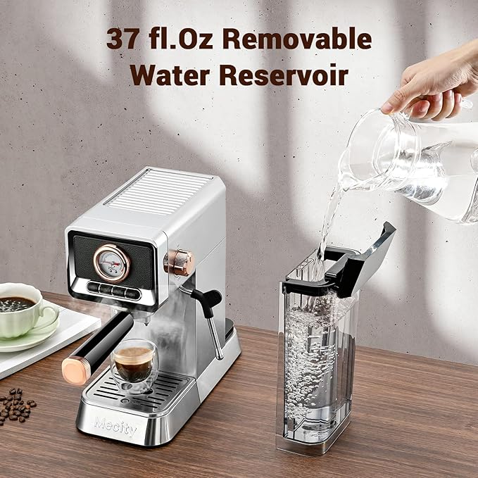 Mecity 20 Bar Espresso Machine with Milk Frother Brushed Stainless Steel Shell 37 fl.Oz Water Reservoir Coffee Maker For Espresso Latte Mocha Americano. 1400W