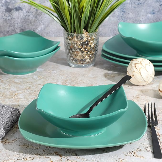 Gibson Home Zen Buffet Matte Porcelain 8 Piece Chip and Scratch Resistant Plates and Bowls Dinnerware Set - Green Service for 4 (8pcs)
