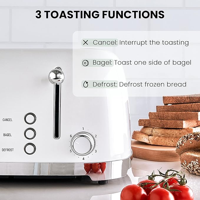 Roter Mond 4 Slice Toaster Retro Stainless Steel with Bagel Defrost Cancel Function 6 Browning Settings Extre Wide Slot and Removable Crumb Tray White ST033